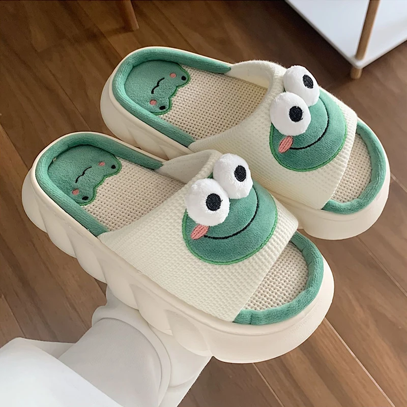 Couple Linen Slippers Cute Cartoon Frog Home Slippers Four Seasons Indoor Home Sandals Cartoon Funny Summer Women\'s Slippers