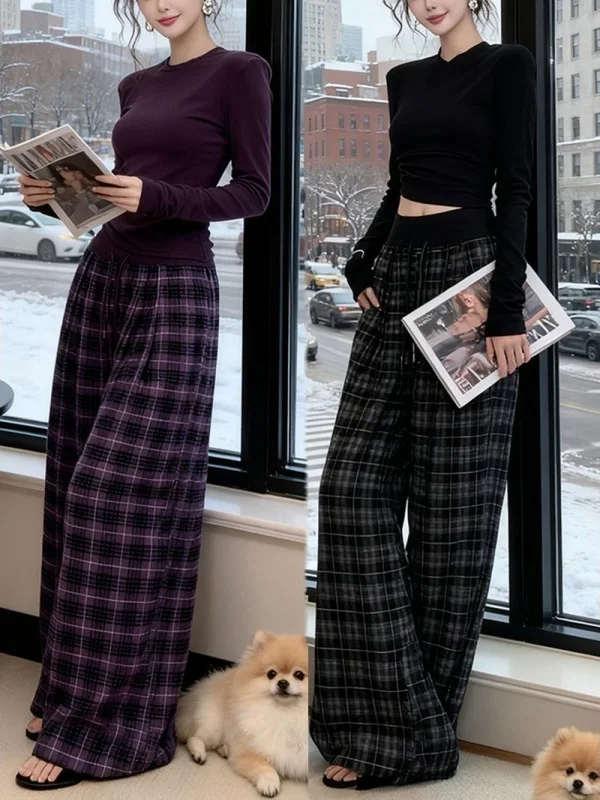 

Women's Commute Fashion Casual Slimming Two-Piece Set Spring New Style High Waist Pants Checkered Short Top Polyester Fiber