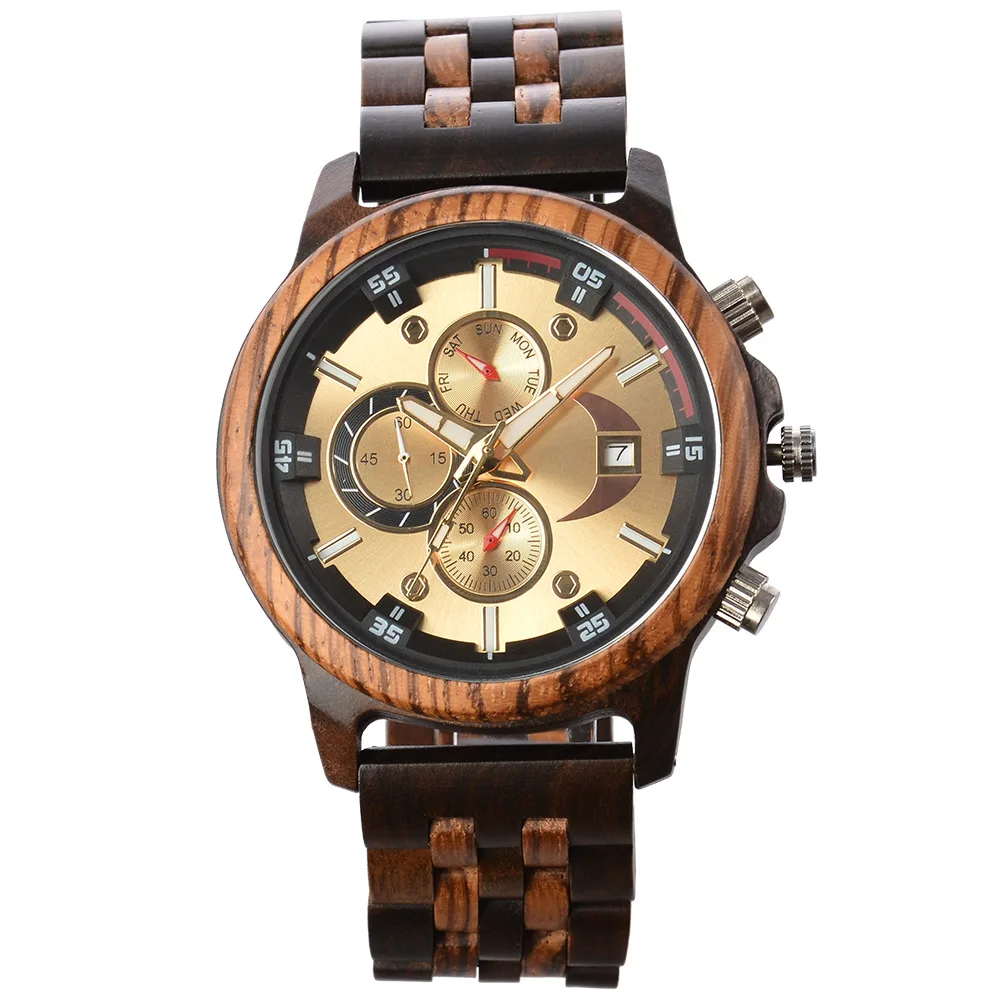 Amazon's hot selling men's sandalwood quartz watch cross-border e-commerce spot three-eye multi-function large dial wooden watch