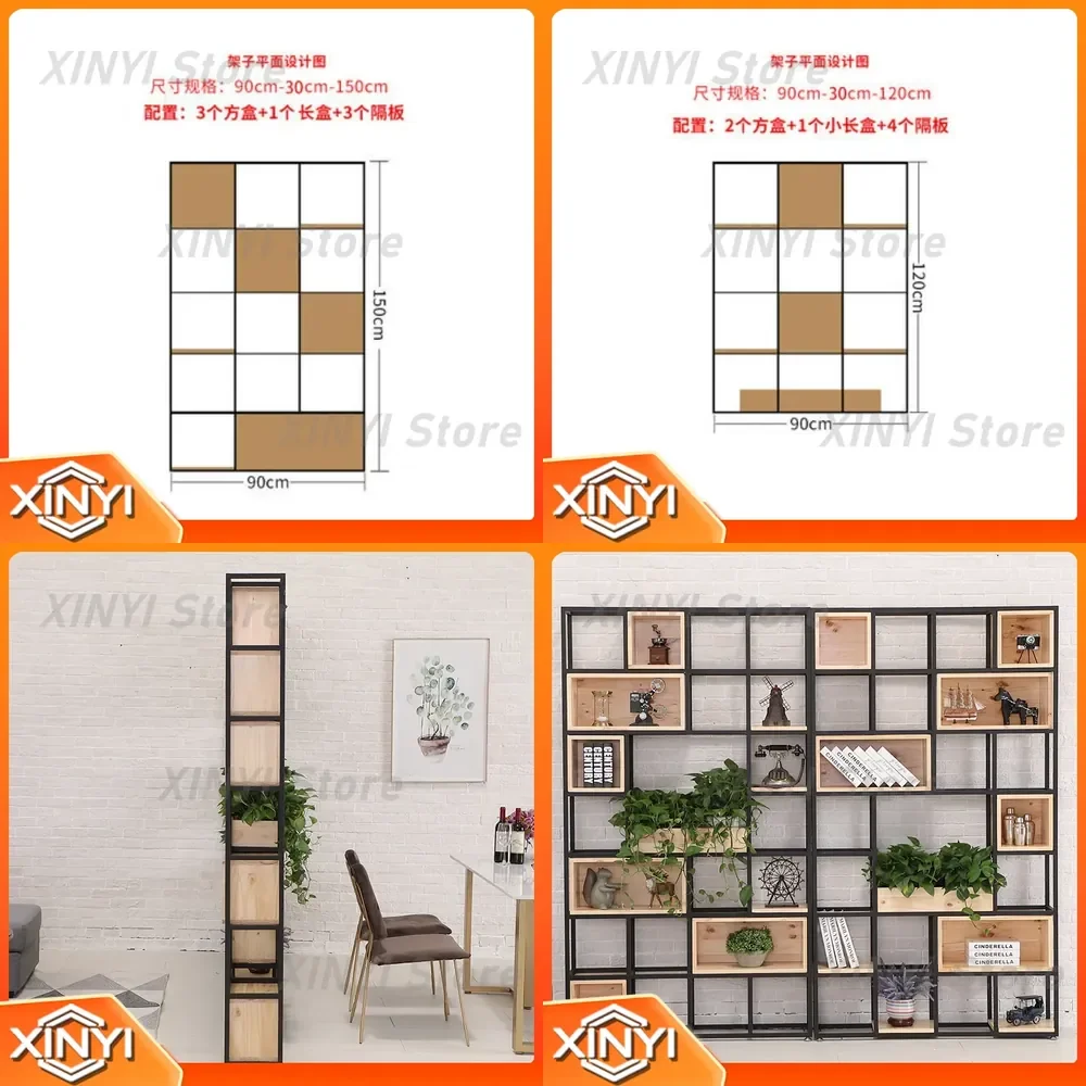 Industrial Style Lattice Rack for American Bookshelf Retro Bookcase Wrought Iron Partition Shelf Solid Wood Display Rack for