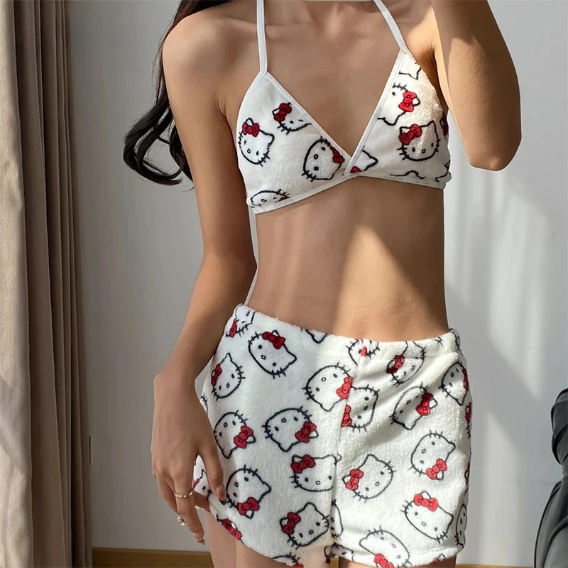 

ladies Pajama Two Piece Sanrio Anime Hello KittyY2K Kawaii Women Home Underwear Cute Bra Shorts Girl Bikini Flannel Pajamas Set