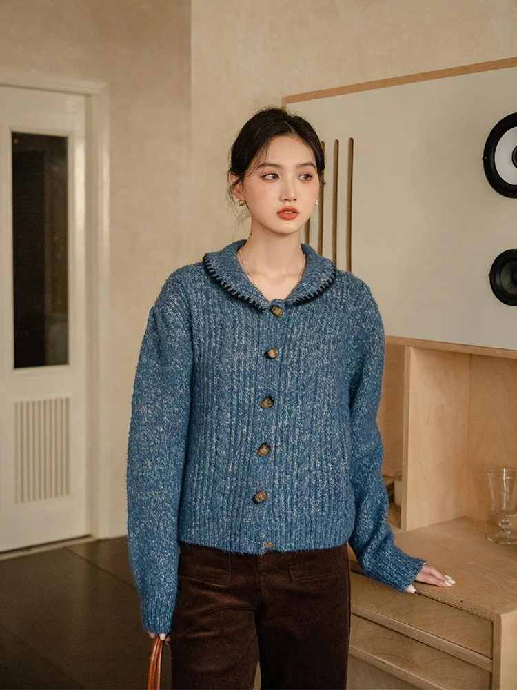 

Blue Knitted Thiened ort Sweater Coat for Women Autumn Winter Commute Sle Loose Fit Button up Warm Flannel Fiber