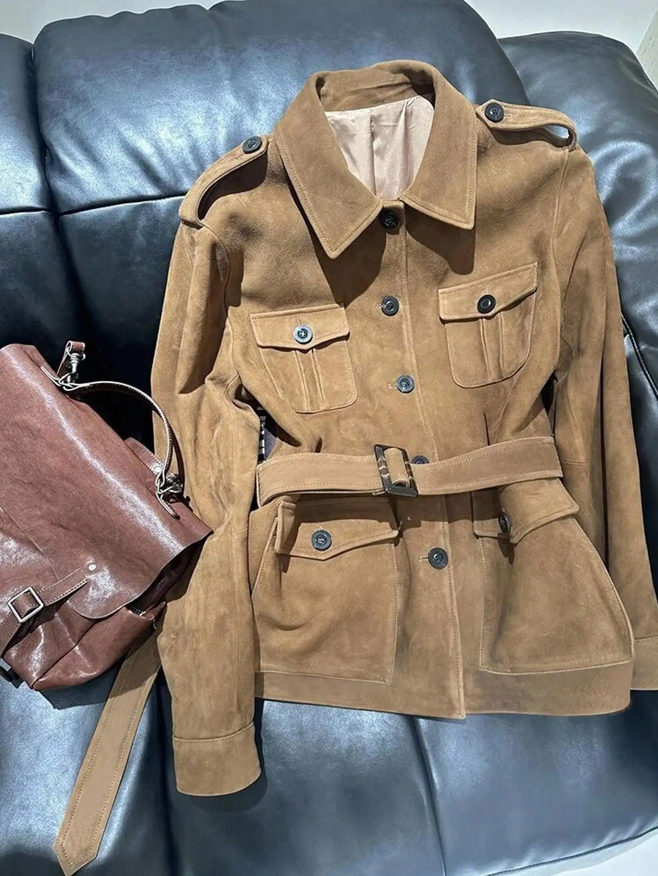 

Brown Suede-Like Military Style Belted Jacket for Women, Retro Casual Fit with Front Pockets