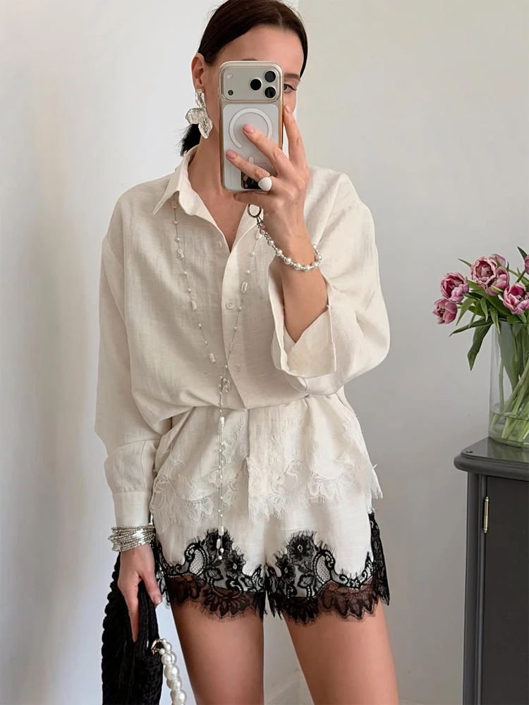 

Chic Patchwork Lace Shirts Or Skirts Women Casual Lapel Full Sleeves Single Breasted Loose Tops 2026 Lady Daily Street Wear New