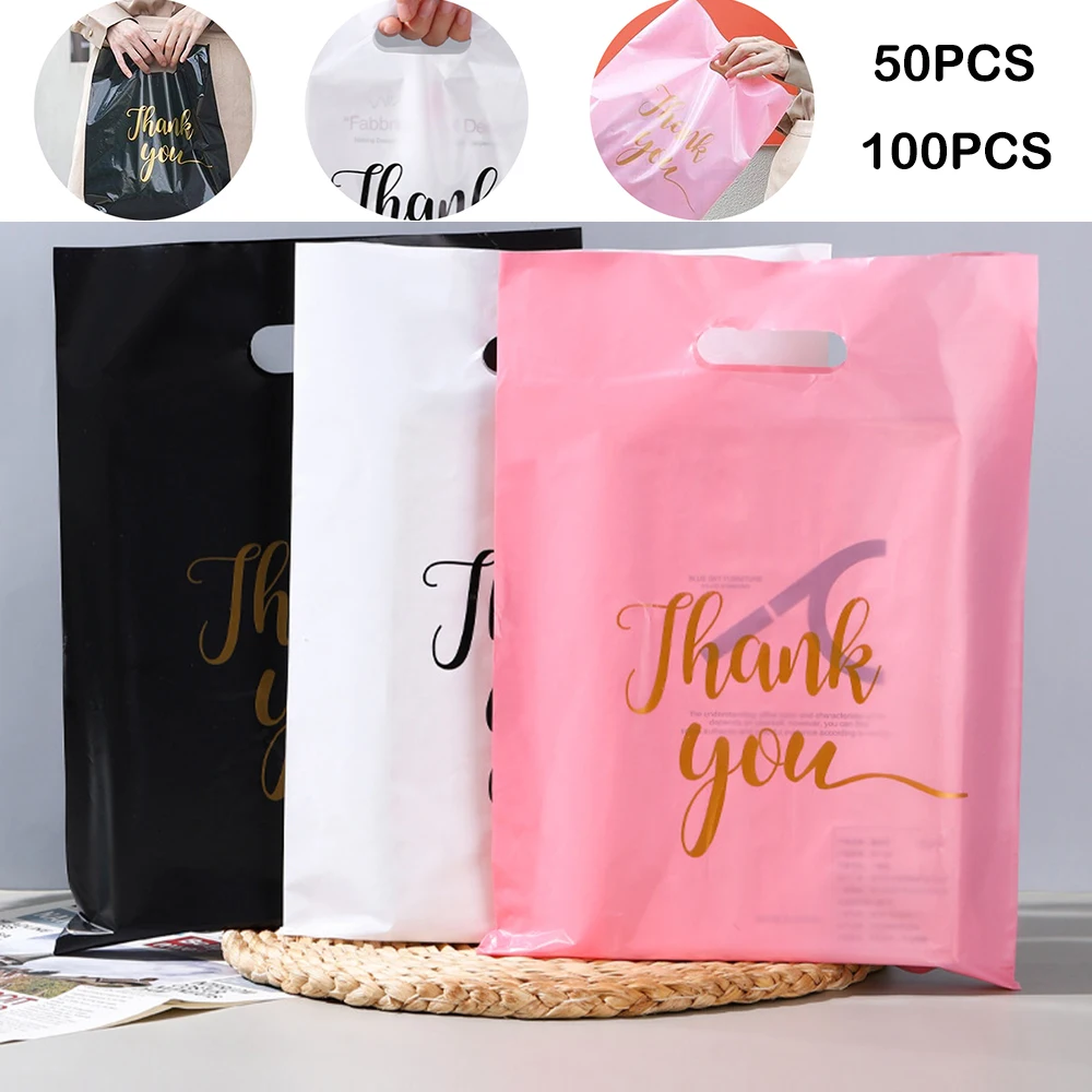 Sacs cadeaux de remerciement, 50/100 pièces, sacs de courses en plastique pour petites entreprises, poignées, sac d'emballage cadeau pour bonbons, fête de mariage, Thanksgiving