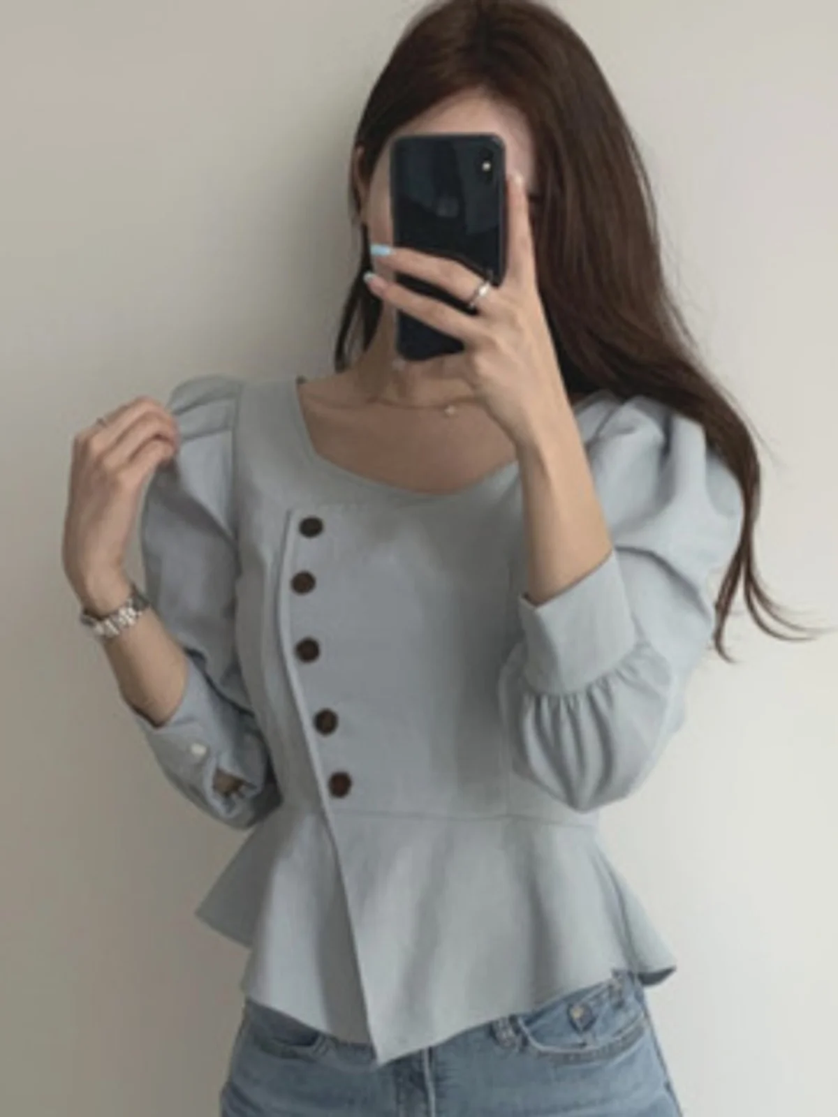 

Retro Square Collar Slim Fit Bubble Sve irt Women's Design Summer 2023 ort Length Long Sve Blouse Korean Sle
