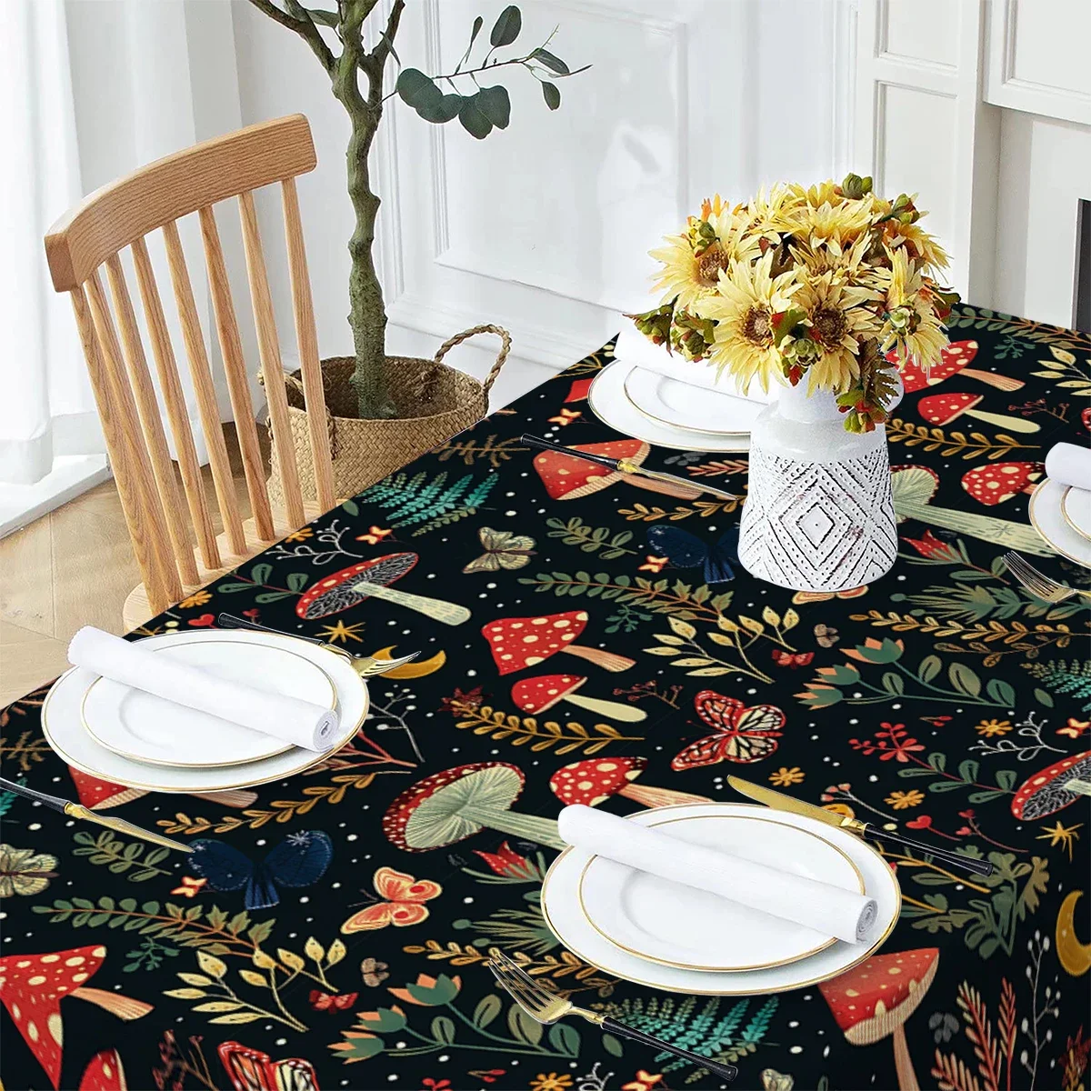 Butterfly Flower Mushroom Moon Watercolor Waterproof Polyester Tablecloths Table Party Decoration Dining TablesCover Manteles