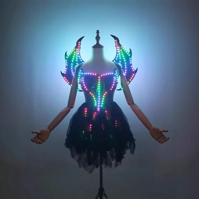 

Светодиодный светящийся женский костюм с крыльями ведьмы, ночной клуб, бар, вечерние сценический костюм, черный костюм с дистанционным управлением, костюм для косплея на Хэллоуин