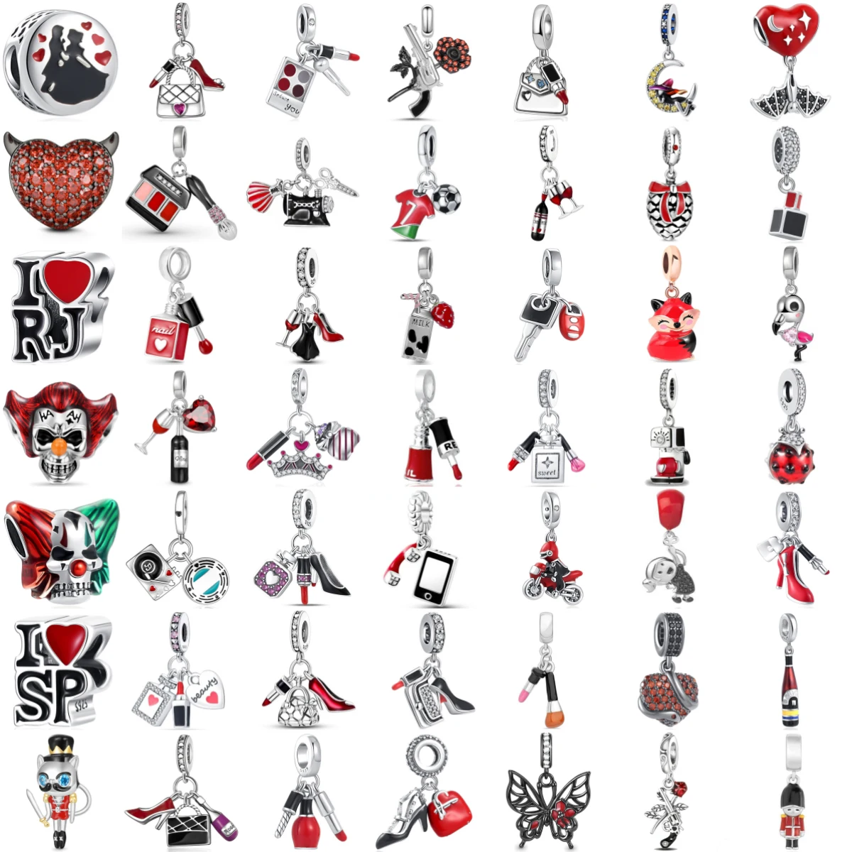 925 Sterling Silver Red Black Fashion High Heels Lipstick Wine Bottle Clown Fox Dangle Charms Fit DIY Jewelry Gift