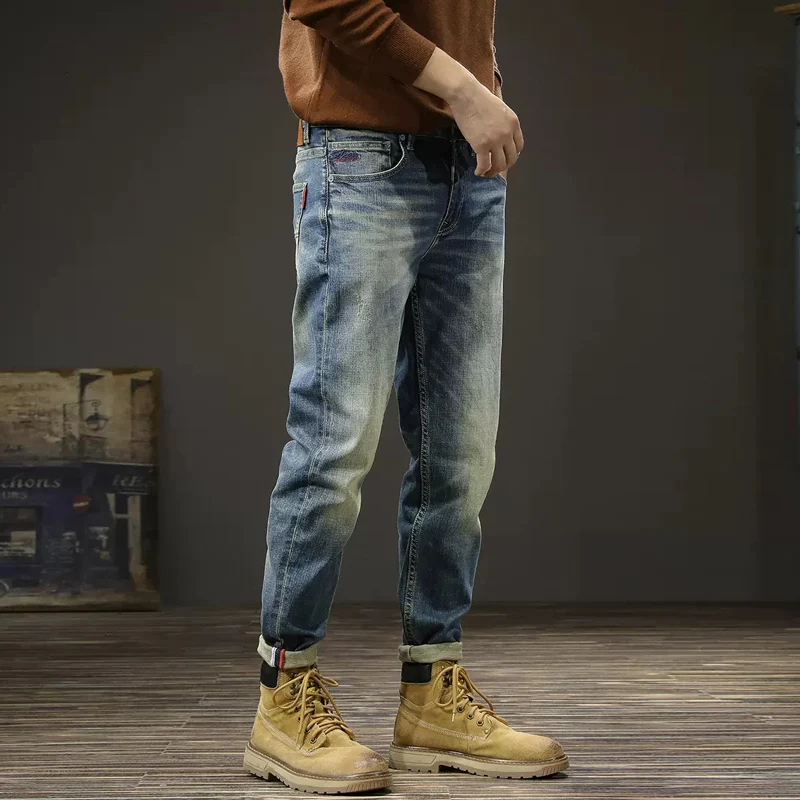 Newly Designer Fashion Men Jeans High Quality Retro Blue Elastic Slim Fit Ripped Jeans Men Trousers Vintage Denim Pants Hombre