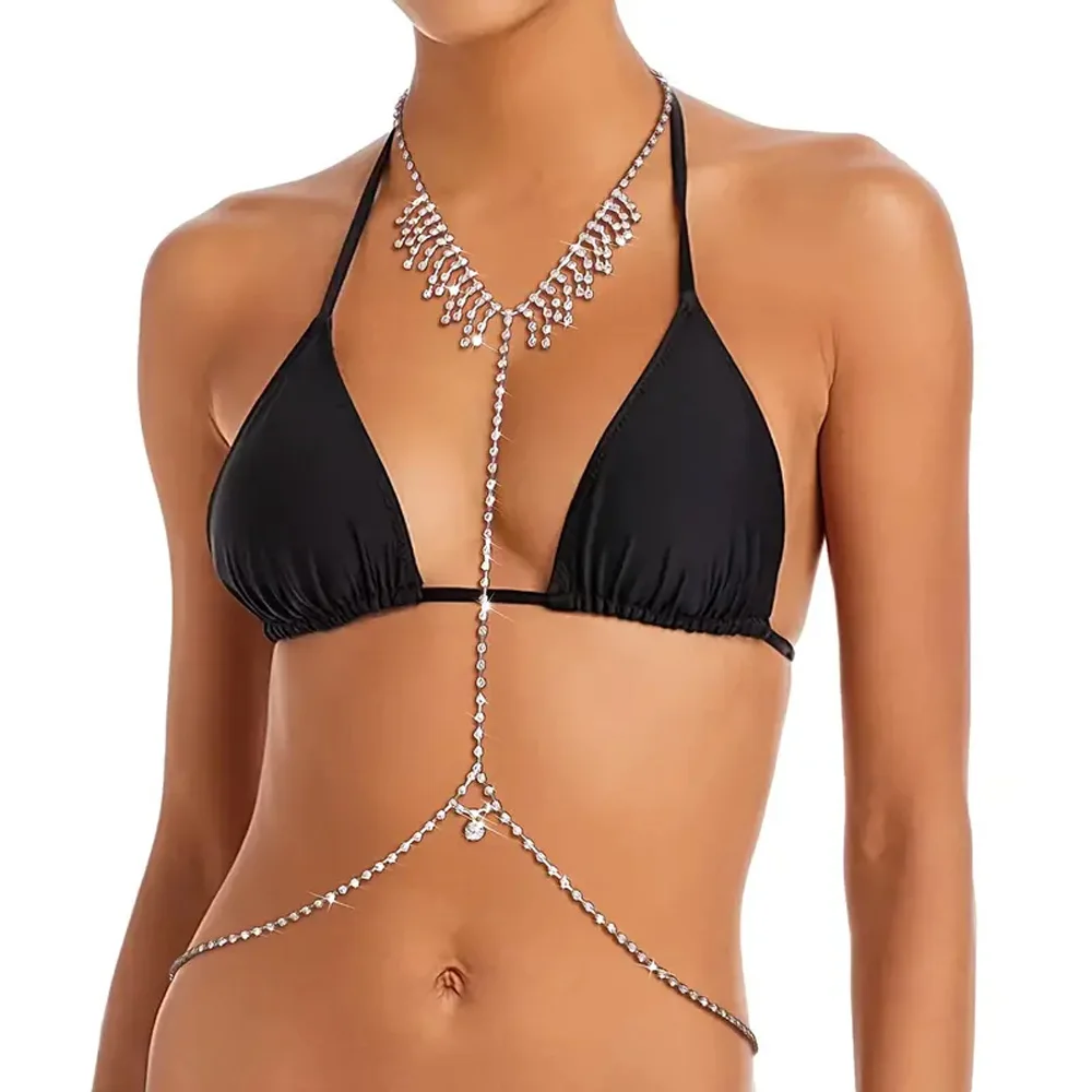 

Stonefans 2024 Unique Exaggeration Beach Sexy Bikini Body Chain for Women Tassel Rhinestones Cross Bra Chain Copper Body Jewelry
