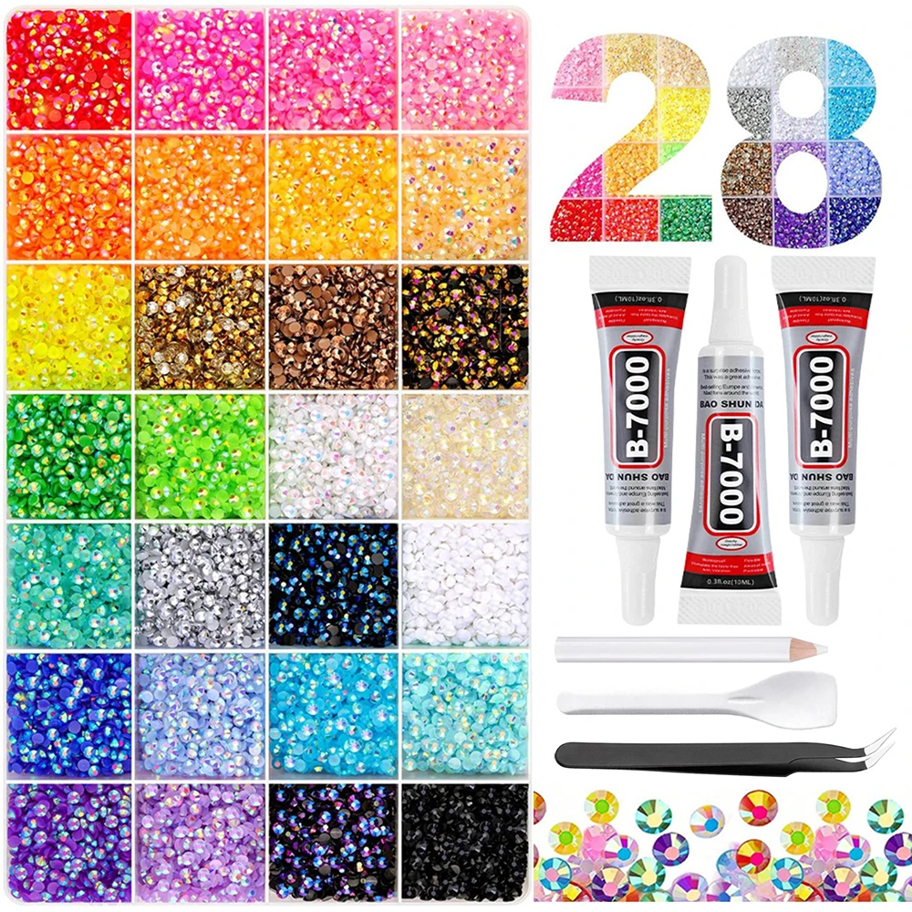 3mm 28-Color Bedazzling Kit Ab Resin Jelly Flat-Back Rhinestone Set Diamond Decoration Crystal Mixed Color Gems Suitable for DIY Phone Cases, Clothing, Water Bottles, Decorations, Crafts, Fabric Clothing, Shoes and Hats, Holiday Gifts, Art