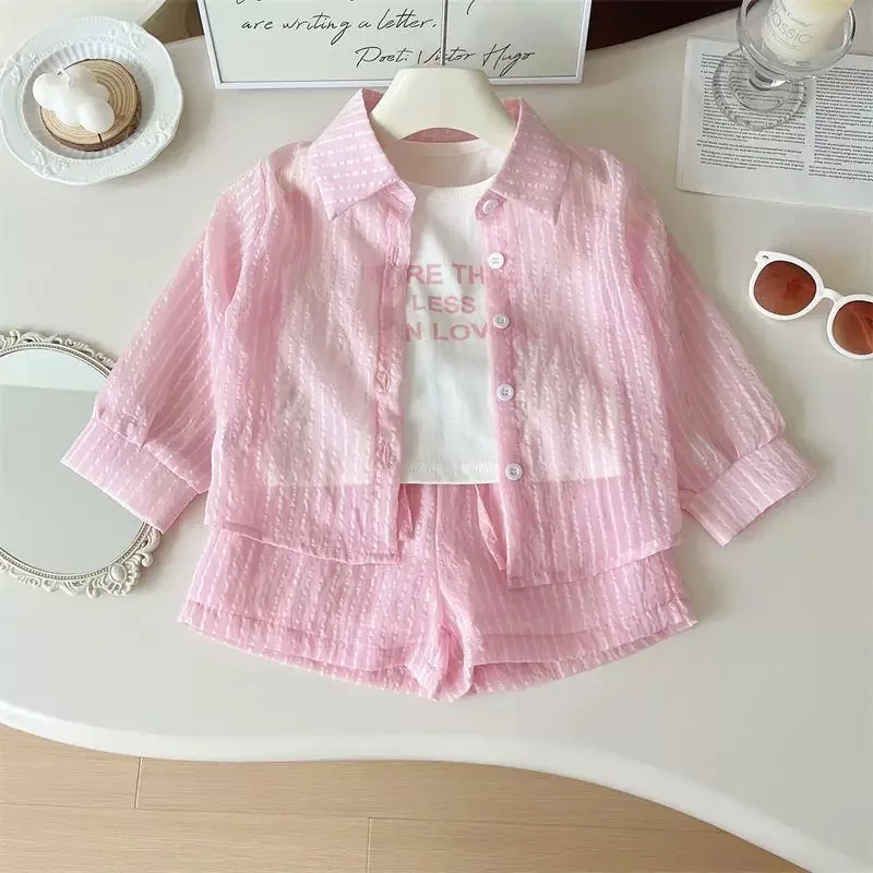 3Pcs Girls Clothing Sets Summer Cool Blouse Shirt+shorts+T-shirt Children Clothes Suits New Kids Outfits Set 2-7Yrs