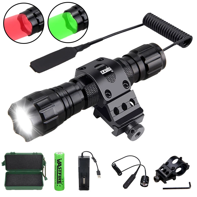 Tactical Hunting Flashlight White/Red/Green Led Torch Weapon Gun Light +Rifle Scope Airsoft Mount+Switch+18650+USB Charger+Box