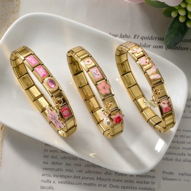 2026 Wholesale Shiny Gems Flowers Bracelet Combination Set Charm Italian Links Fit 9mm Stainless Steel Bracelet DIY Making Gift