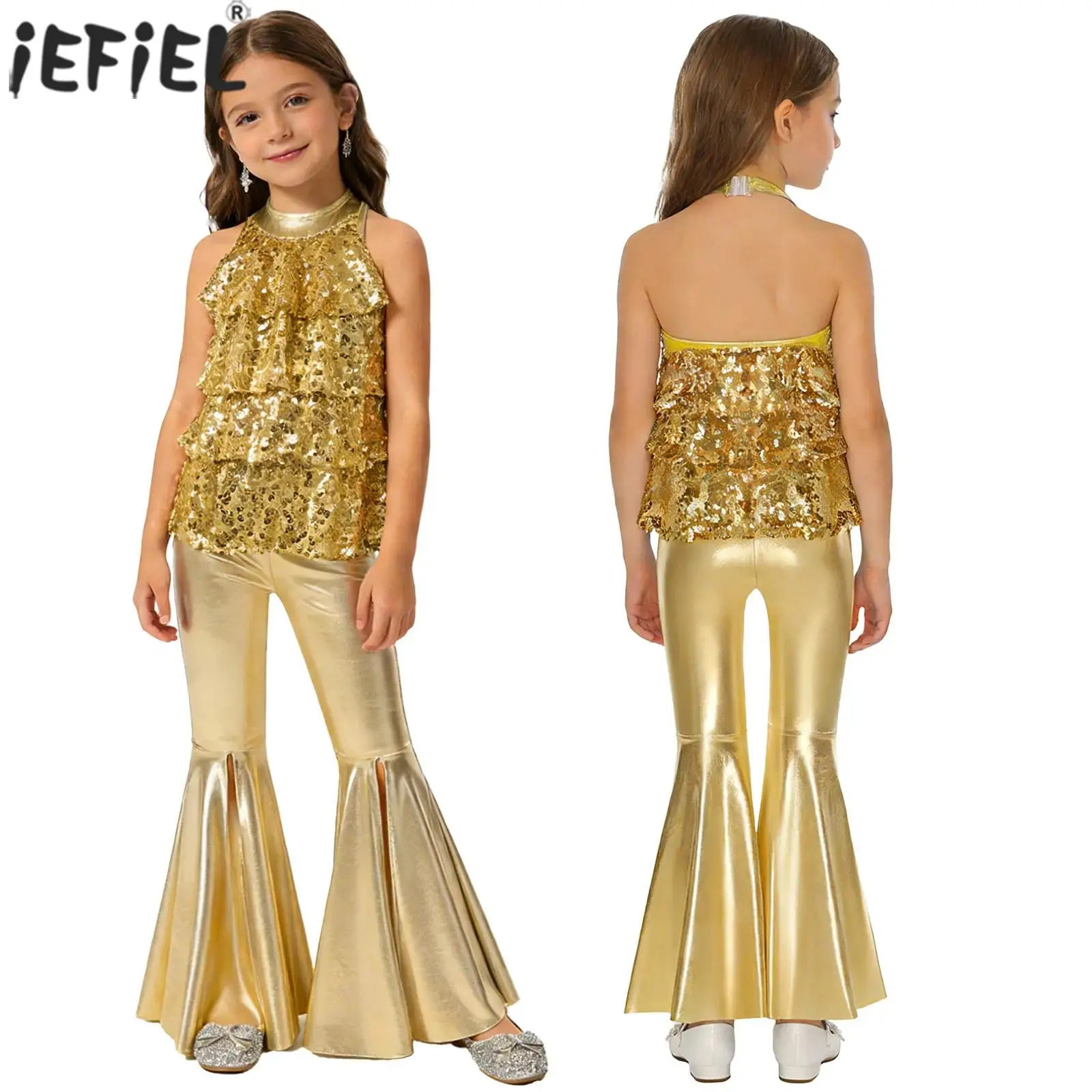Kids Girls 70s Disco Jazz Dance Costume Halter Backless Shiny Sequins Dress Leotard with Metallic Bell-Bottom Pants Streetwear