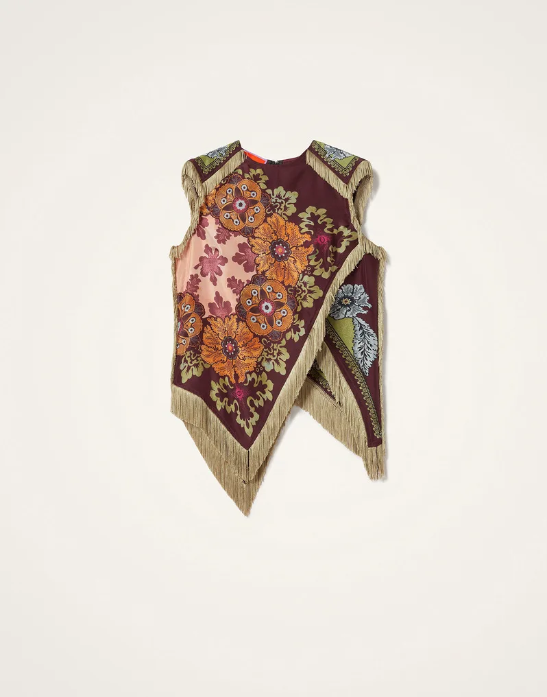 Vintage Ethnische Bluse mit Blumenmuster, Ärmellos, Sexy V-Ausschnitt mit Fransen, Bohemian Asymmetrisches Halstuch-Oberteil – Detail 5