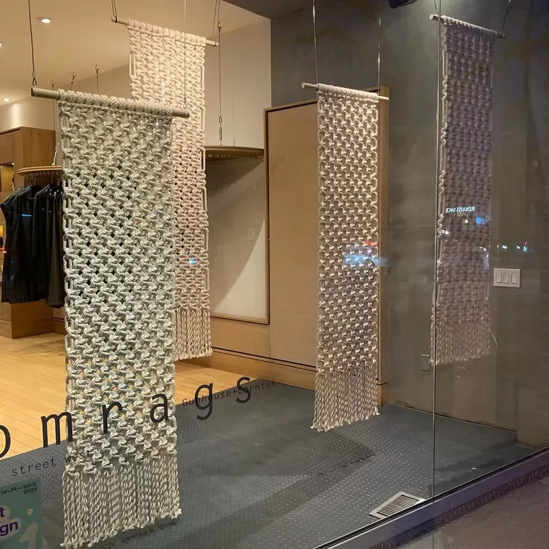 Boho Wabi Sabi Style Cotton Rope Weave Macrame Hanging Curtain Panel for Retail Store Window Display