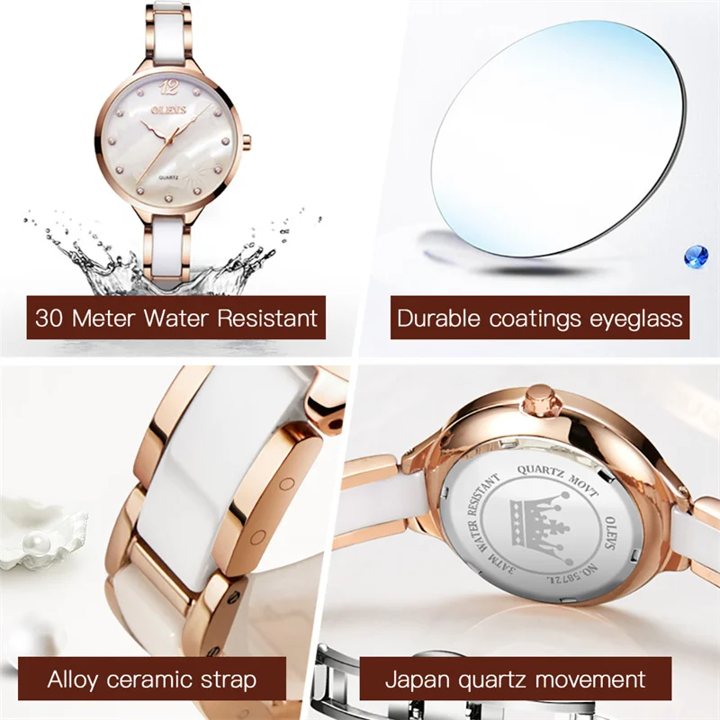 Reloj Mujer OLEVS Ladies Wrist Watches Crystal Watches Women White Ceramics Rose Gold Watch Dress Montre Femme New