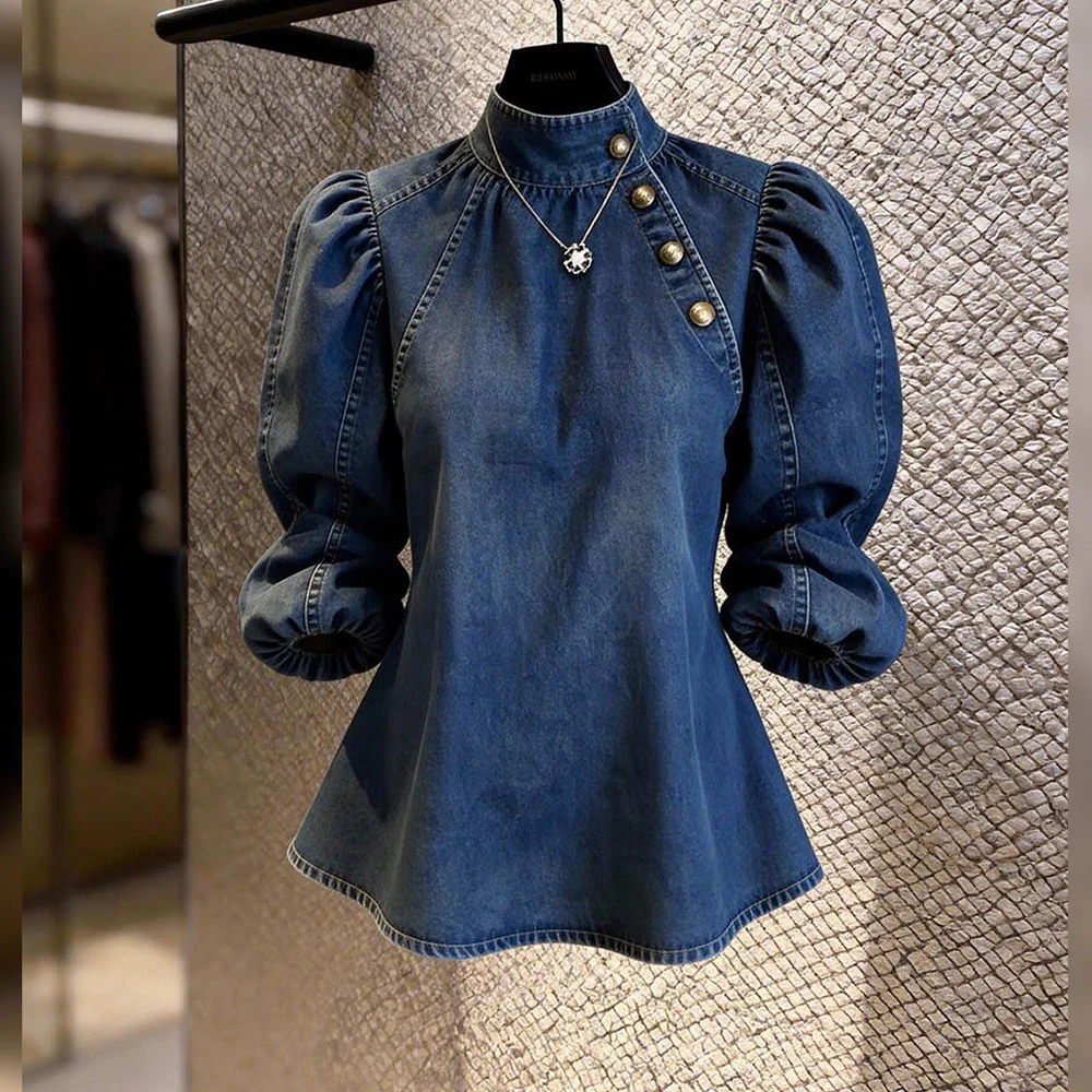 

French denim shirt stand-up collar niche design high sense gentle wind age-reducing women's clothing 2026 spring new fashion