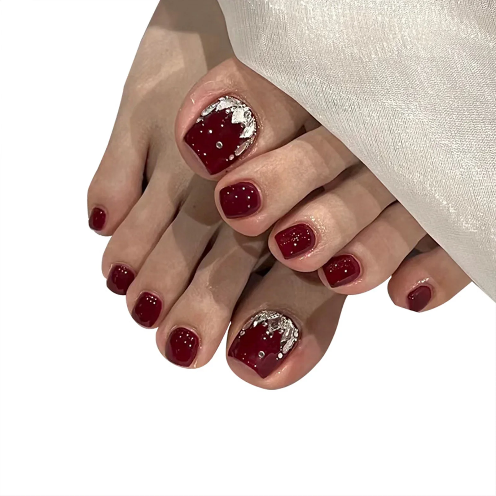 False Toenails for Gel Art Wine Red False Toenails with Rhinestones for Women Decoration Toe Nail Art