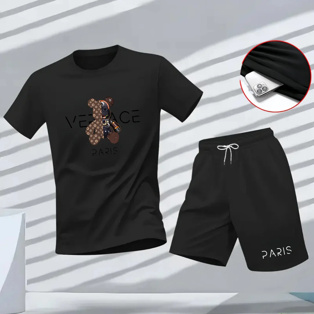 Men's 2-Piece Luxury Bear Print T-Shirt Shorts Set Casual Summer Tracksuit Breathable Short Sleeve T Black Shorts for Streetwear