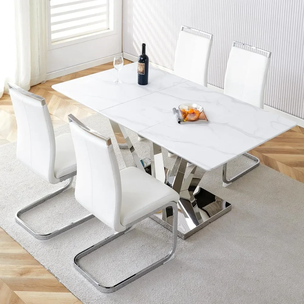 Ensemble de table à manger en marbre avec chaises, base en acier inoxydable, table à manger, 4 tables, 5 pièces