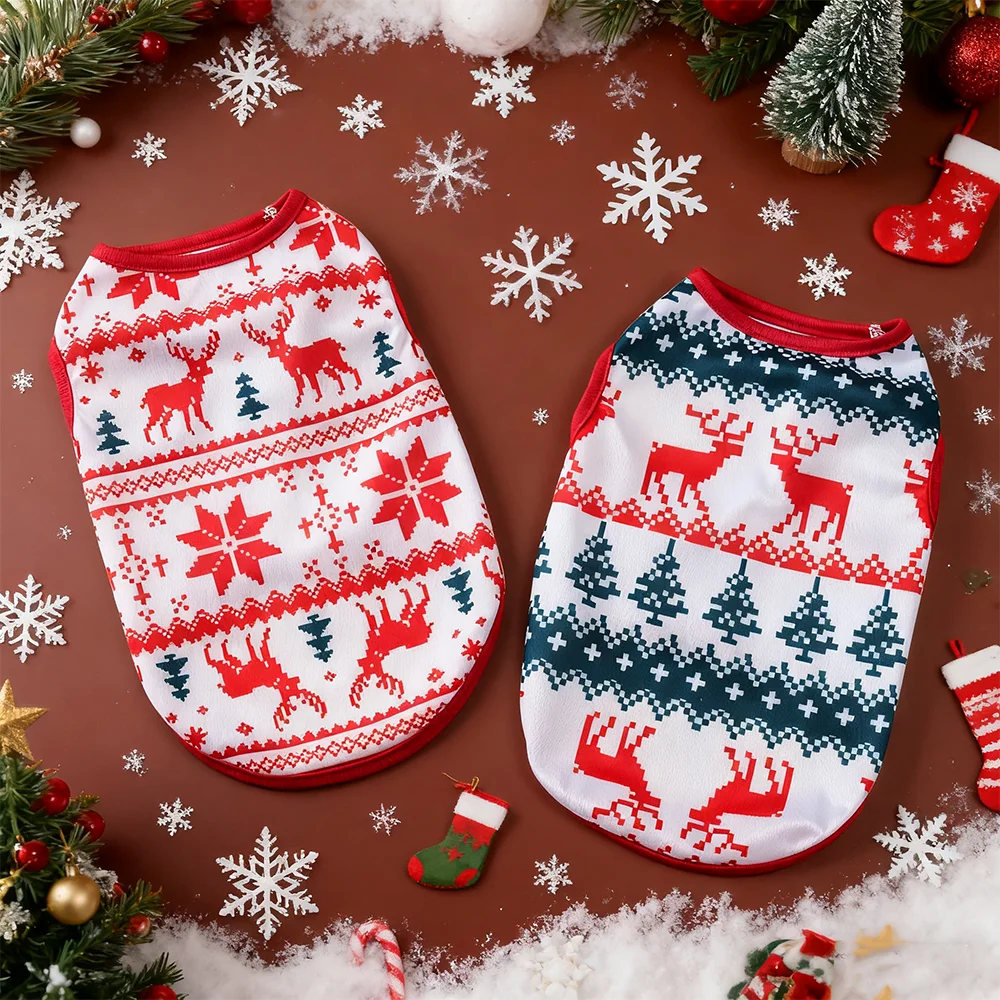 Niedliche Haustier-Outfits für kleine und mittelgroße Hunde, Katzen, Welpenweste für Weihnachten, Hundeshirt, kariertes Elchdruck-Partykleid, Schnauzer-Kleidung