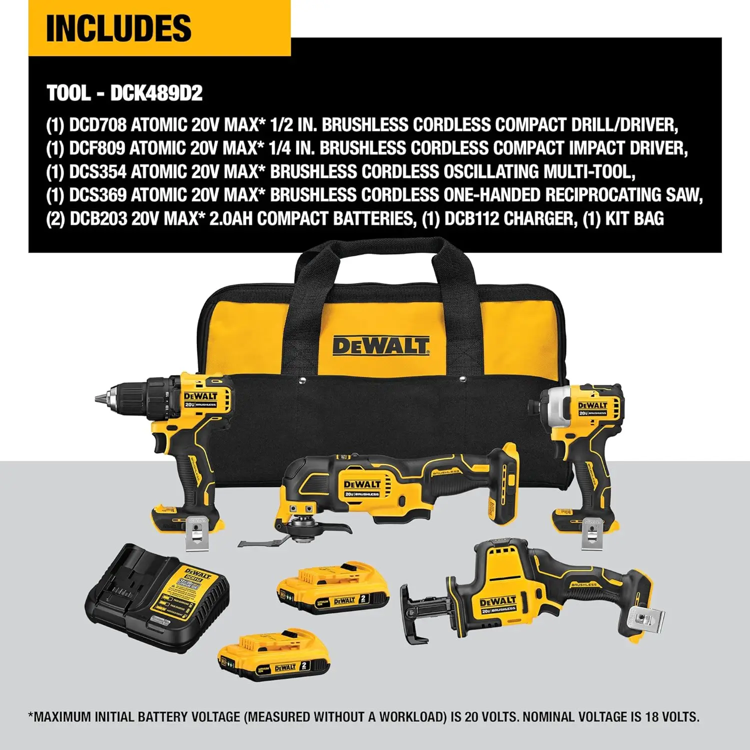 DEWALT DCK489D2 ATOMIC 20V MAX* Brushless Cordless 4-Tool Combo Kit