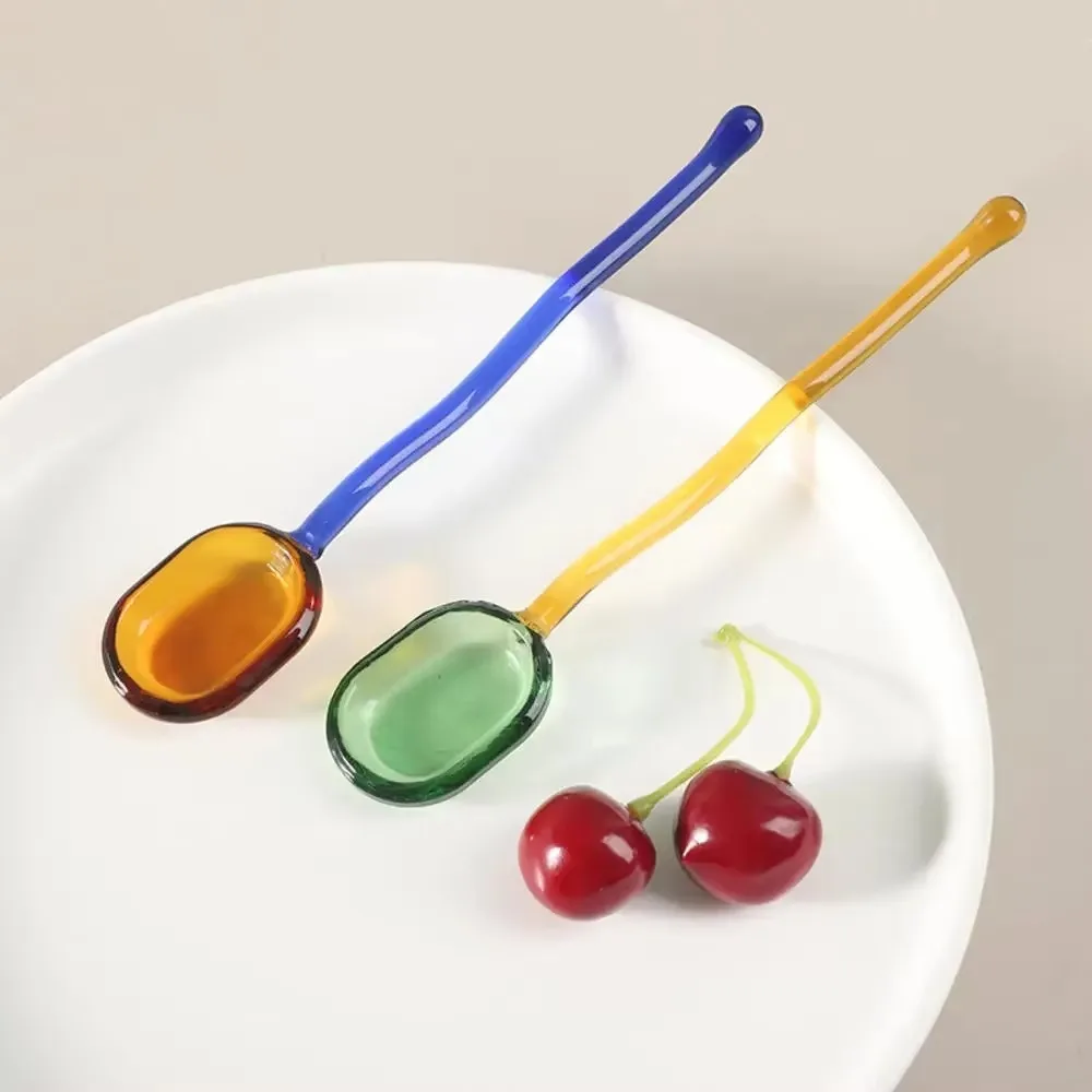 Transparent Glass Dessert Spoon Long Handle High Temperature Resistant Coffee Stirring Spoon Kitchen Supplies Contrasting Color