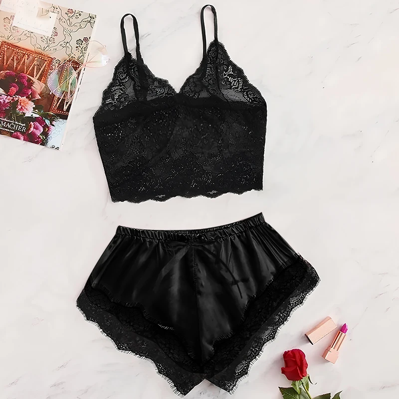 2025 Summer 2 Pcs Women's New Sexy Lace See-Through Pajamas Black Pink Cute Clothes Comfortable Breathable Suspender Shorts Set