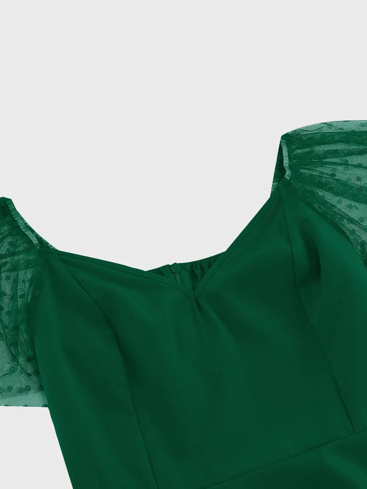 Tonval Elegant Green Plain Birthday Summer Dress V-Neck Mesh Sleeve Evening Cocktail Party Women Vintage Swing Dresses