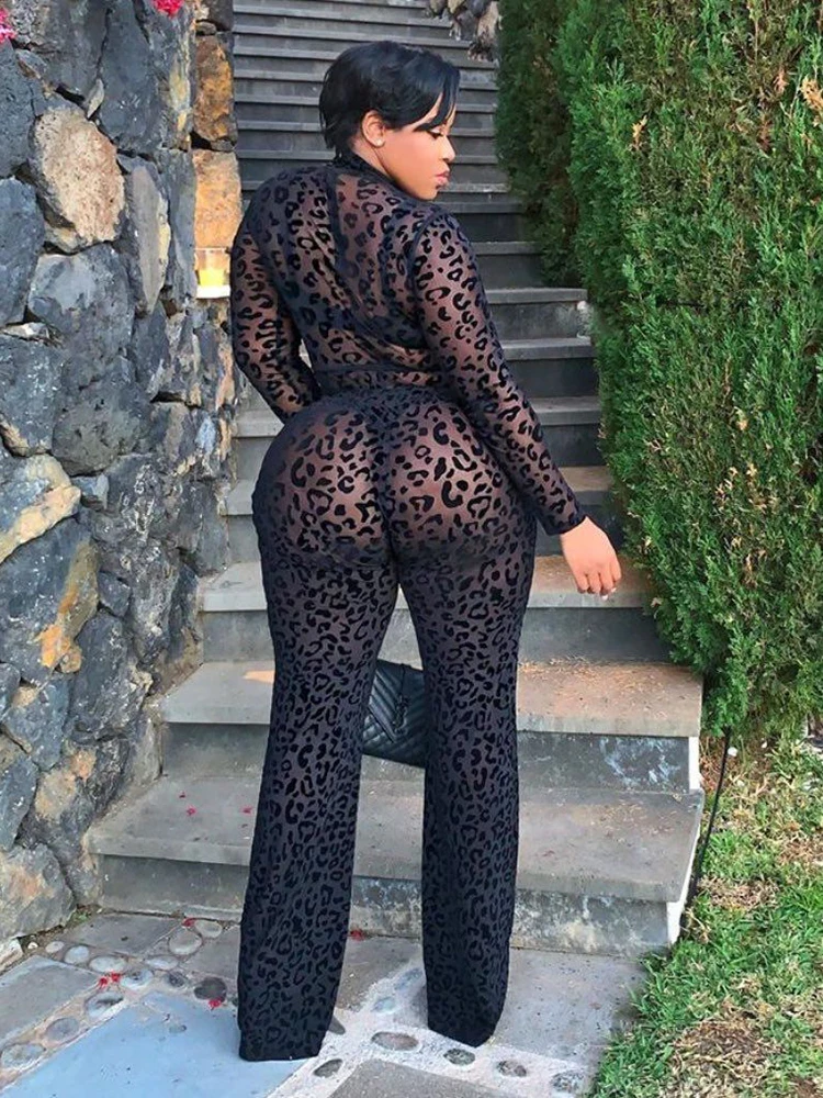 Sibybo Fashion Gauze Jumpsuits Sexy Leopard Print See Through Rompers Casual Basic Long Sleeves Wide Leg Pants Hot Girl Clothing