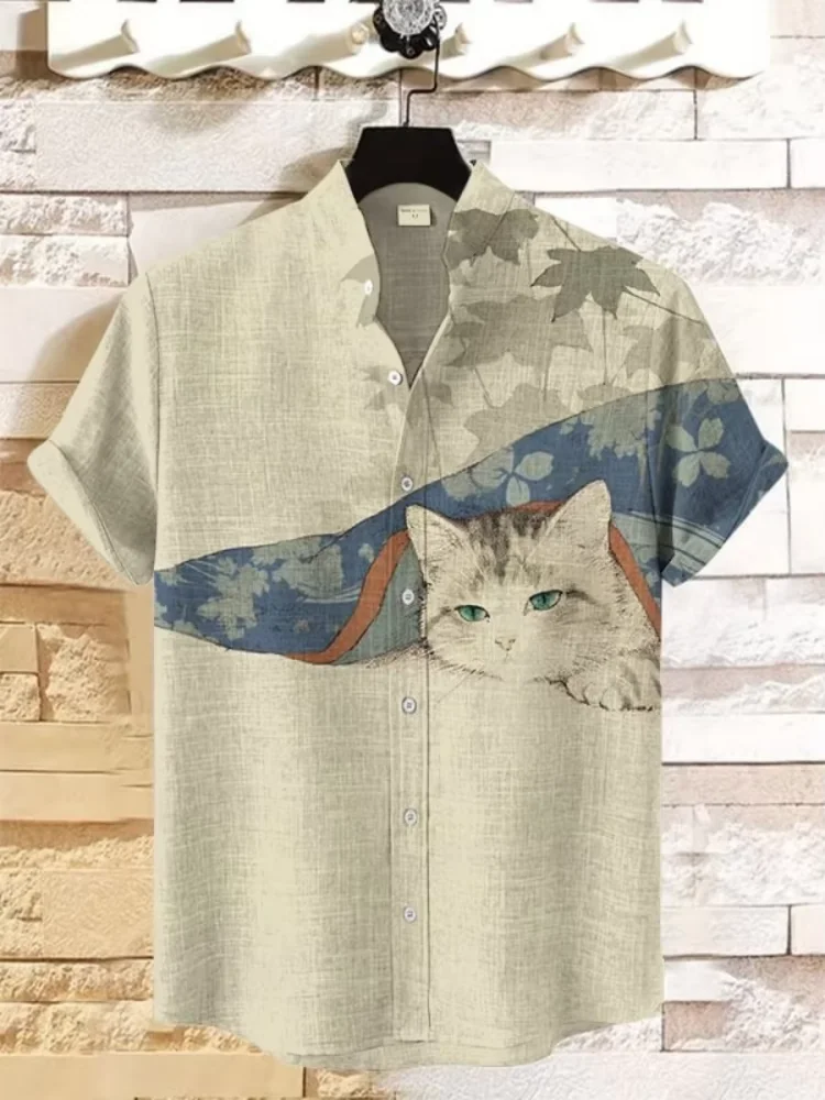 قميص بأكمام قصيرة مطبوع عليه قطة مستوحى من اليابانية قميص كلاسيكي غير رسمي بأزرار سفلية وياقة على شكل طية صدر السترة قمة عصرية للعطلات 2025 تونيك صيفي أنيق
