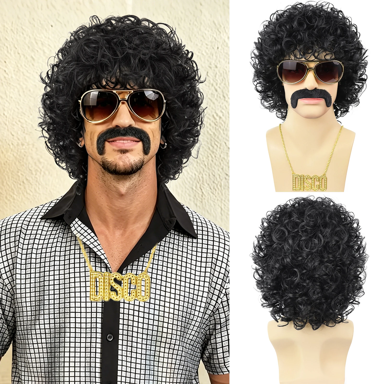 

5PC Synthetic 70s 80s Disco Wig Short Afro Curly Wig for Men 60s Rocker Hippies Hair Costume Cosplay Daily Party Halloween