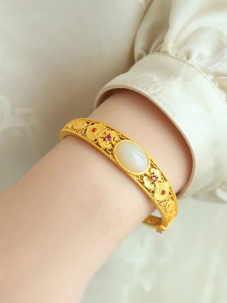 Vintage Women Golden Plated 925 Sterling Silver Bracelet Birthday Gift Fine Jewelry Vintage Jade Floral Hollow Out Bracelets