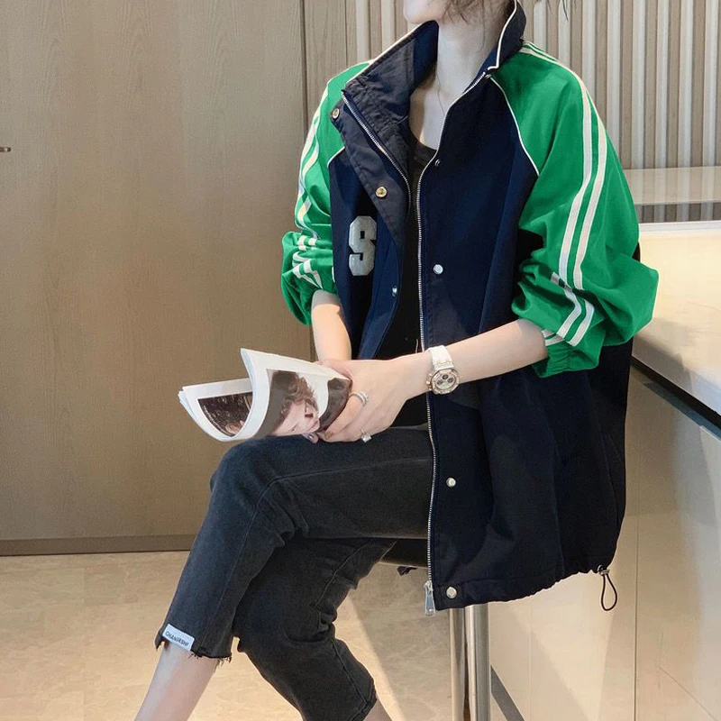 Spring Autumn New Women Trendy Contrast Color Patchwork Oversized Zipper Outdoor Jackets Y2K Casual Streetwear Long Sleeve Coats