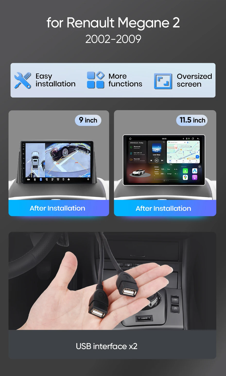 Junsun Android Auto Autoradio für Renault Megane 2 2002 2003 2004 2005 2006 2007-2009 Multimedia Wireless Apple CarPlay Smart Intelligent Systems IPS Touchscreen Stereo Video Player 2 Din Autoradio Head Unit Navigation BT GPS 4G WIFI FM AM DSP RDS SWC – Detail 3