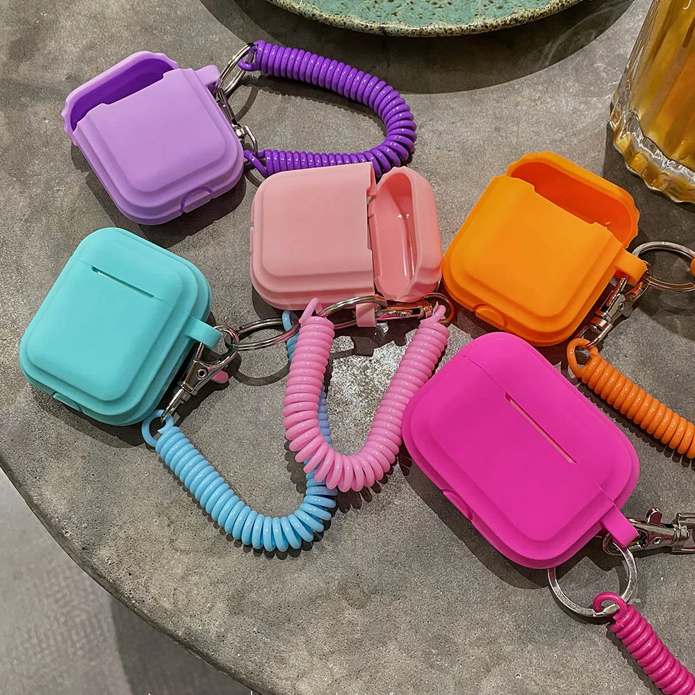 Case For Airpods 1/2/3 Silicone Solid Color Protective Earphone Cover For Apple Air Pods Pro 2 with Spring Fexible Chain Keyring