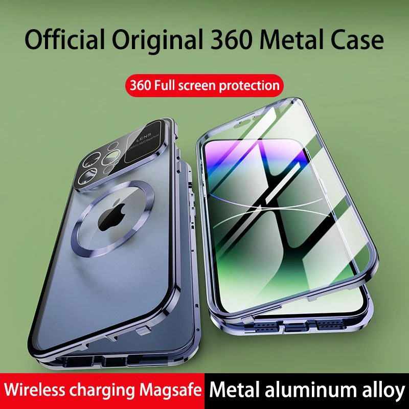 

Metal Aluminum Alloy Case For iPhone 14 13 12 Pro Max 360° Full Screen HD Glass Magnetic Magsafe Adsorption Protection Cover