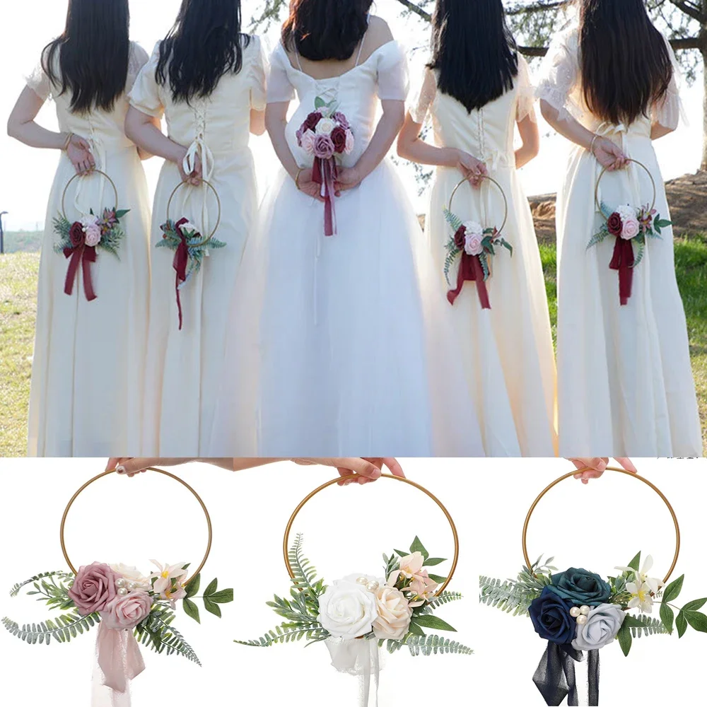 

Yannew Bridesmaid Gold Hoop Bouquet for Wedding Bridal Shower Ceremony Artificial Rose Flower Hoop Wreath Front Door Wall Decor