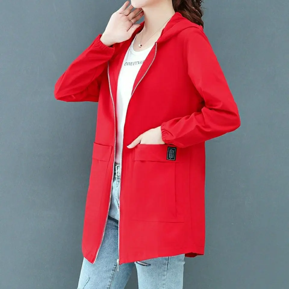 Women's Jacket Spring Solid Windbreaker Jacket Women's Coat Mid-length Big Pocket Coat Loose Oversize Hooded Zipper Outerwear