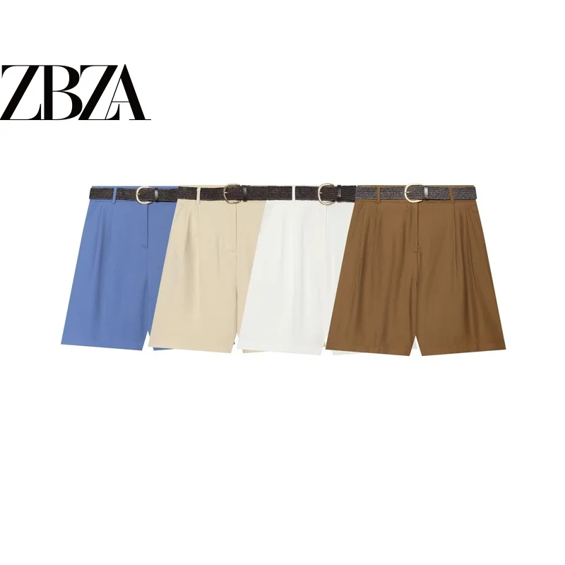 Casual ZR Wind Women's Short Pants with Belt Pleated Versatile Commuter Style Polyester Fiber Straight Leg mid Waist