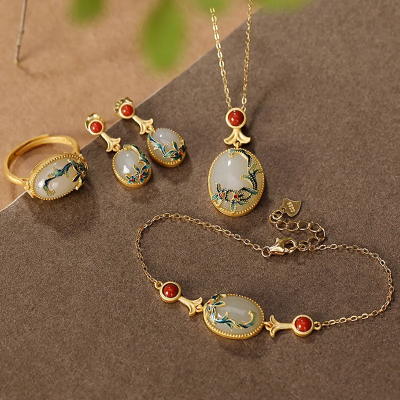 Gold Plated Cloisonne Jewelry Set Inlaid Hetian Jade Chinese Wind Vine Ladies Ring Earring Bracelet Pendant Necklace