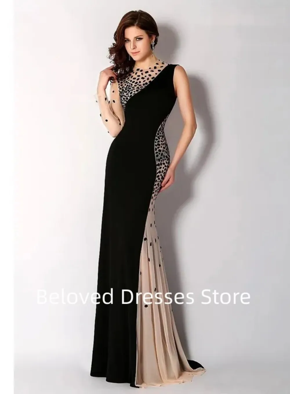 Elegant Dubai Mermaid Formal Evening Dresses with Black Contrast Set Crystal Beads for Women\'s SpecialOccasion DressesProm Dress