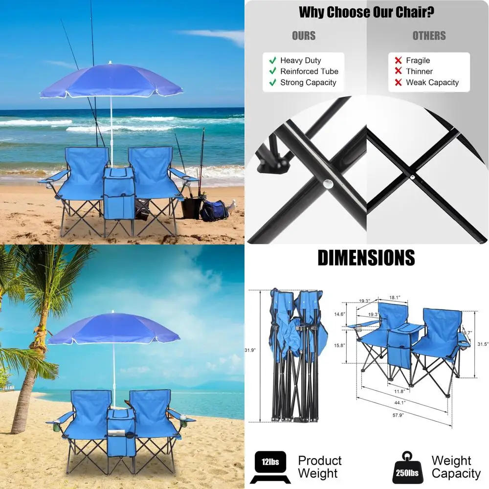 

Blue Portable Folding Camping Chair with Umbrella, Beverage Holder, and Cooler Bag - Ideal for Outdoor Activities