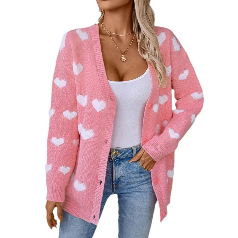 Towel embroidered love cross-border knitted and winter medium and long buttons sweet fashion European and American sweater women