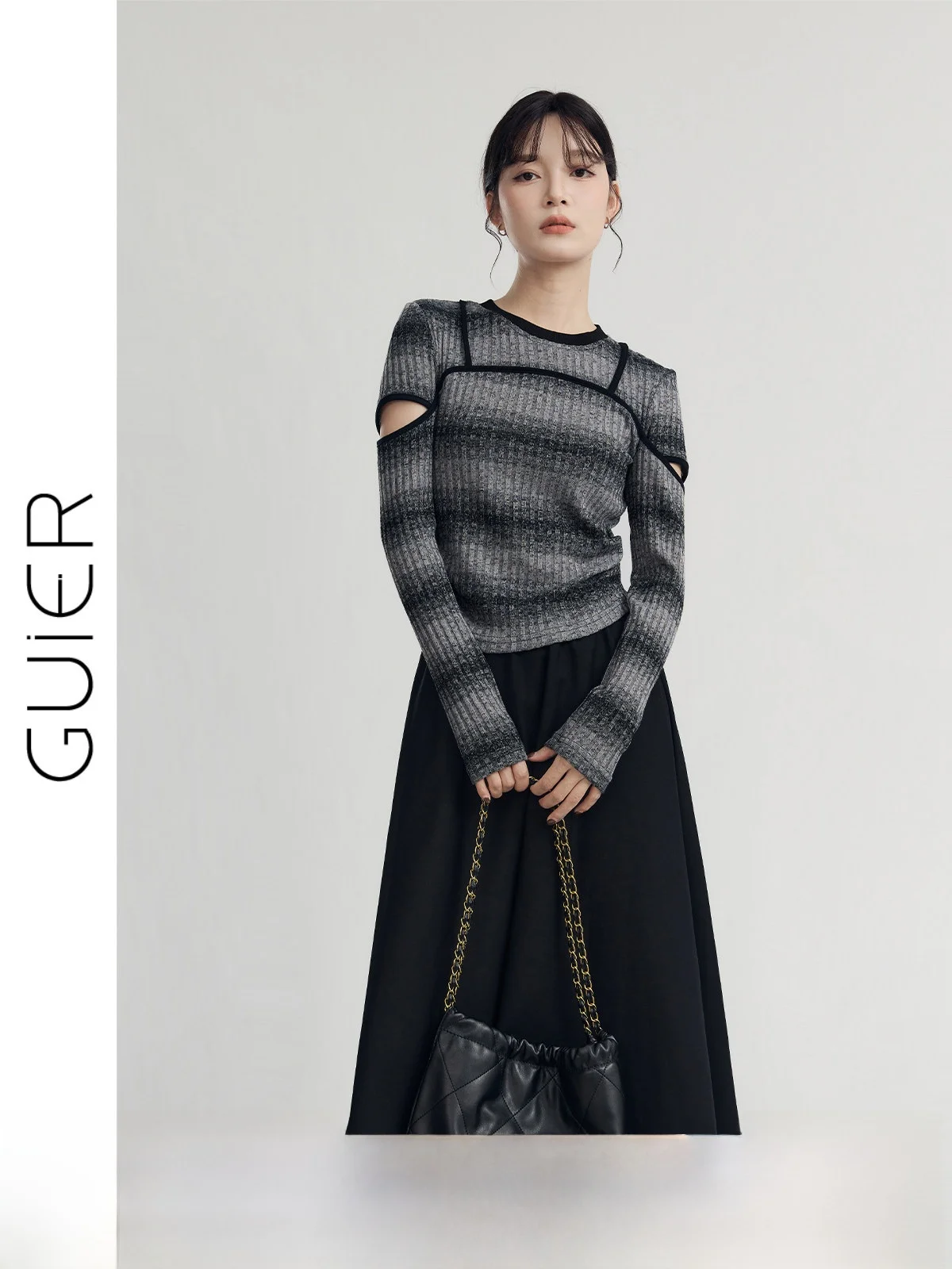 

Женский вязаный топ в полоску с вырезами, облегающий длинный винтажный плиссированный топ с контролем талии, весна 2025, новинка Sle от Guier