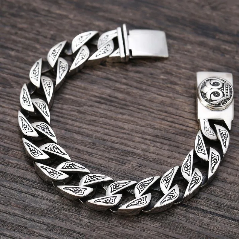S925 Silver Locomotive Latch Horsetail Woven Bracelet 18/20/22CM Cuban Link Chain Men's Retro Handmade Bracelet Party Gift