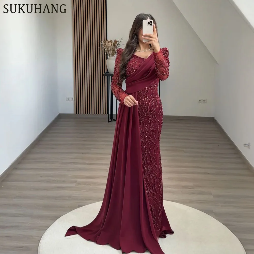 

SUKUHANG Dubai فساتين سهرة Long Sleeve Mermaid Beaded Evening Dresses Vestidos De Festa prom Gowns Customized